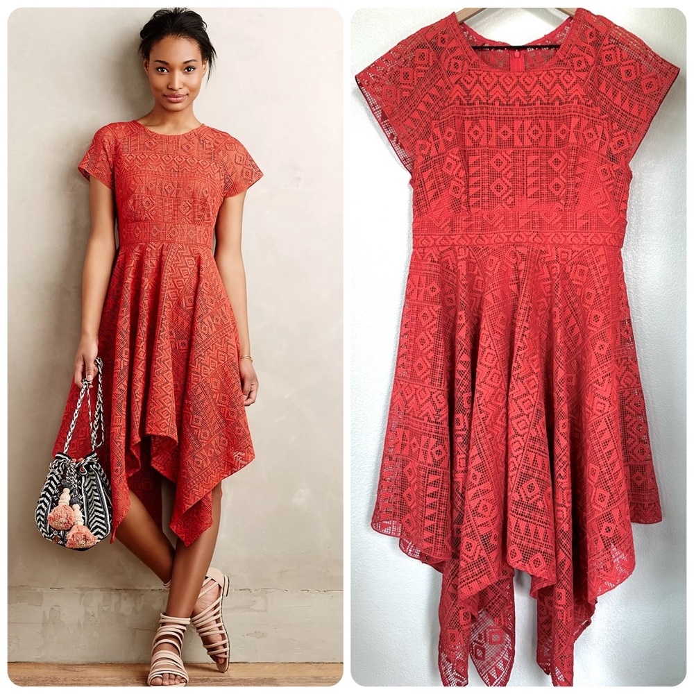 ANTHROPOLOGIE 8 MAEVE *RARE* Wine Red Prima Geo Lace Handkerchief Dress HTF